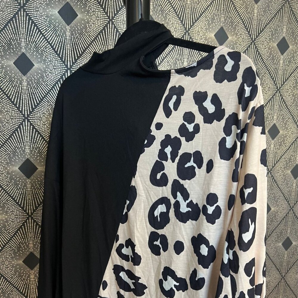 Cold Shoulder Long sleeve Black and Animal print sweater